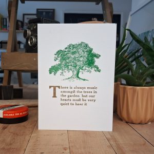 Music amongst the trees - Letterpress Card. Hand printed in gold and green, using original metal type.