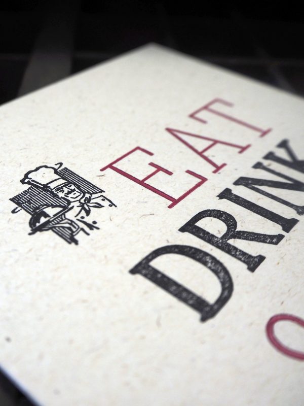 Eat Drink and be merry - Letterpress Christmas Card. Hand printed in bright red and black, using original letterpress type.