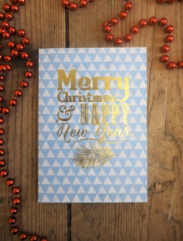 Merry Christmas & Happy New Year - gold foil on blue geometric pattern