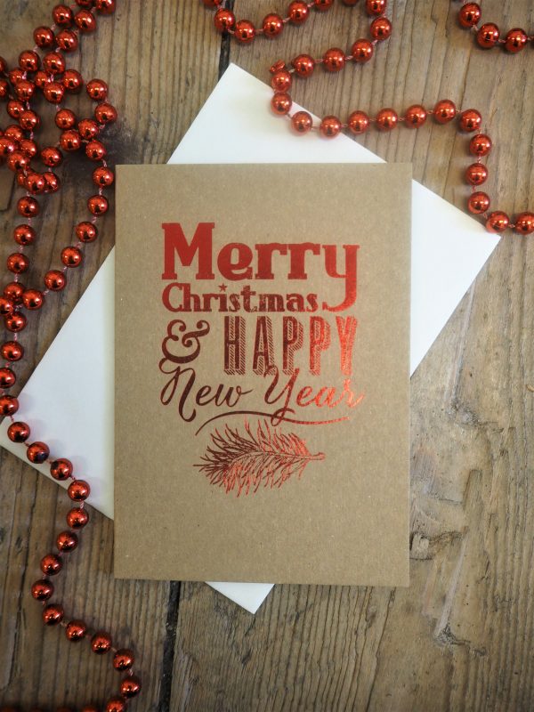 Merry Christmas & Happy New Year - red foil on kraft