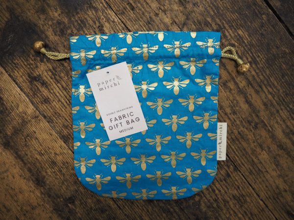 Pouch Gift Bag Medium - blue gold bees
