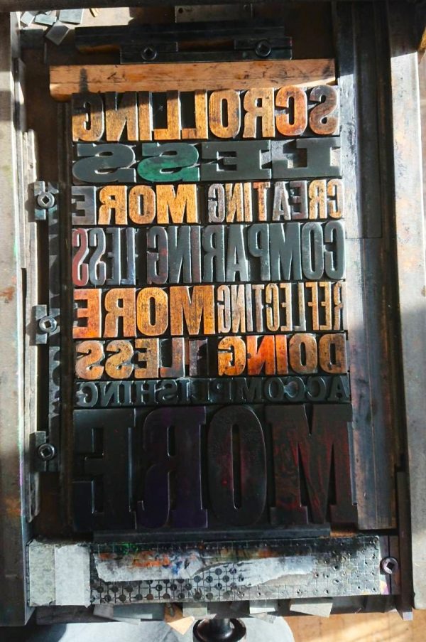 Scrolling Less Letterpress Print with Holly Tucker wood type
