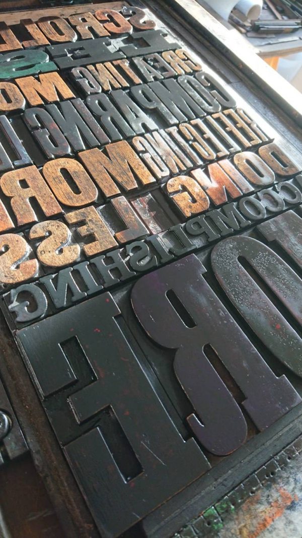 Scrolling Less Letterpress Print with Holly Tucker wood type