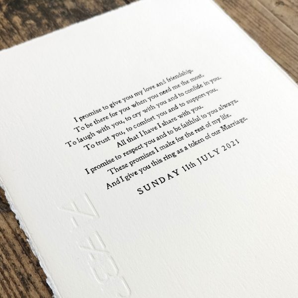 Hand printed Wedding Vows Print, set in 12pt Jenson Old Style