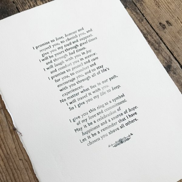 Hand printed Wedding Vows Print, set in 10pt Gill Sans and Trajan italic