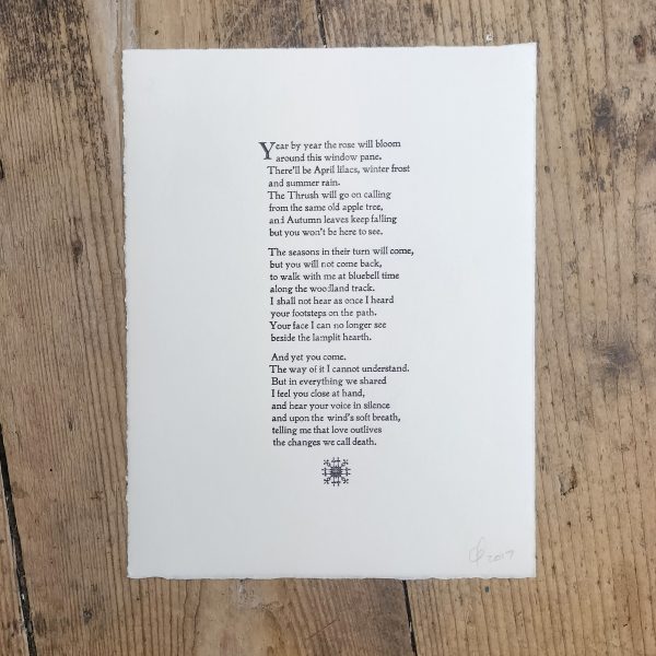 Hand printed Letterpress Poem Print, set in 12pt Jenson Old Style