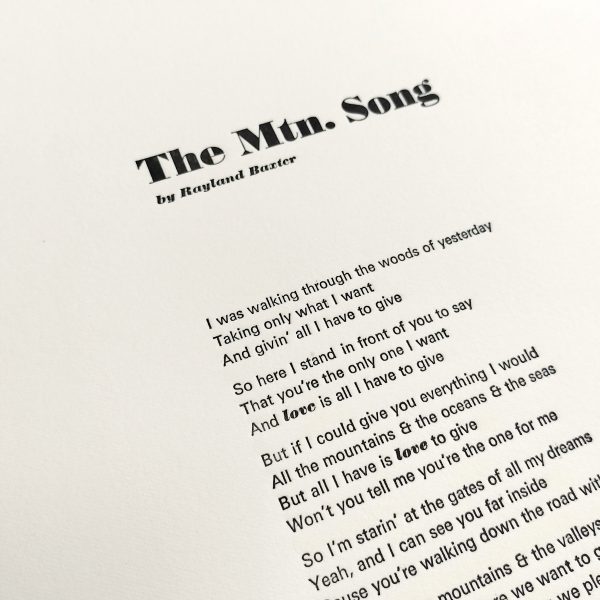 Rayland Baxter Song Print, set in 10pt Granby, 10pt Falstaff Italic and 24pt Bodoni