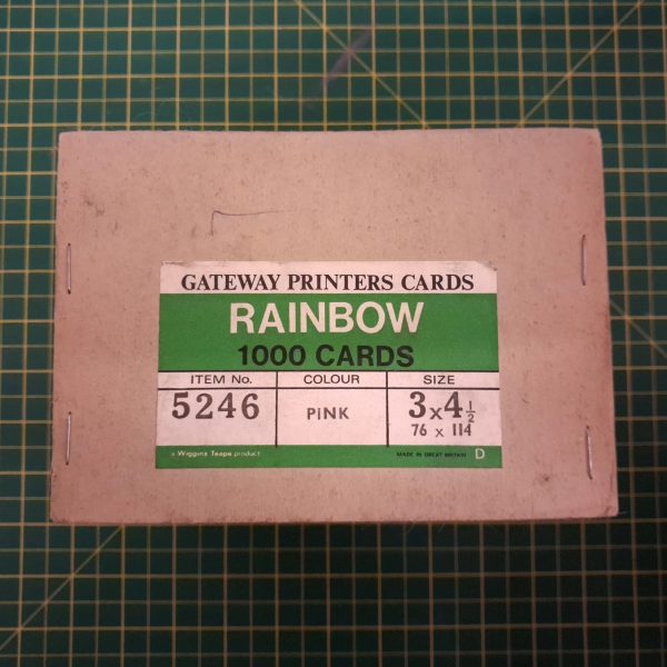 Pink Card Blanks Gateway Printers Cards - Rainbow Cards These are vintage printing blank cards. Sold as "Gateway Printers Cards - Rainbow Cards", they are perfect for business cards, note cards or wedding stationery. Size: 76 x 114mm | 3 x 4 1/2 in. Weight: Approx 200gsm. Colour: Pink Packed in 50's. Manufacturer: Wiggins Teape